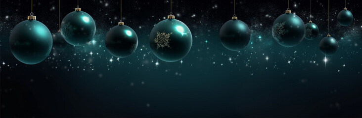 Fototapeta na wymiar green christmas balls on black background, beautiful christmas balls banner with text space