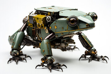 Robotic frog model studying wetland habitats isolated on a white background 