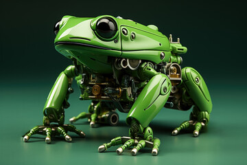 Robotic frog models researching wetland environments isolated on a green gradient background 