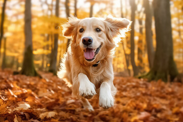 Happy dog running in the autumn forest.