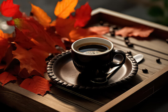 hot steaming cup of coffee on the background of autumn leaves.