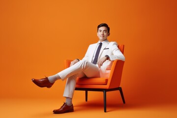 Young asian businessman sits on an armchair, bright color background. AI generated - obrazy, fototapety, plakaty