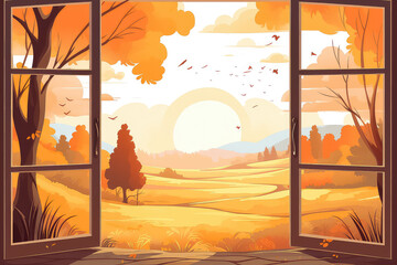autumn open window in cartoon style.