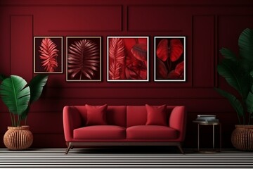 Contemporary dark red room with furniture, plants, and gallery wall with frames for poster presentation. 3D rendering. Generative AI