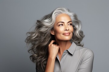 Adult woman touches face with smooth healthy skin. Beautiful aging mature woman with long gray hair and happy, shy smiles on a gray background.