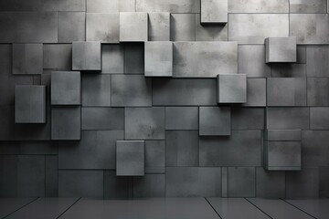 Arrangement of polished 3D tiles on a concrete wall with a futuristic background formed by square blocks. Generative AI