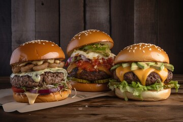 Burger combo with three unique burger varieties. Generative AI