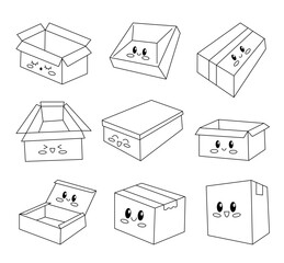 Cute delivery box characters. Coloring Page. Shipping and packaging. Vector drawing. Collection of design elements.