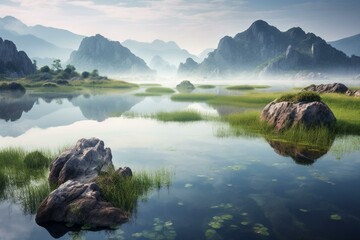 Misty lake surrounded by karst mountains in Skadar National Park, Montenegro. Generative AI