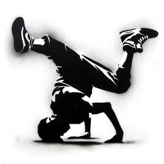 breakdancer graffiti stencil-art sprayed in black over white, generative ai