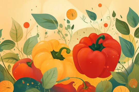 Illustration of red, orange, and green bell peppers with summer vibes and a healthy food concept. Generative AI