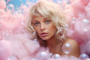 beautiful blonde model surrounded by foam soap bubbles - obrazy, fototapety, plakaty