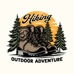 Hiking shoe and pine trees vintage t shirt design