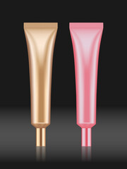 Empty and clean tubes for gel, care cream or essence. Set of blank template of realistic containers for cosmetic products in gold and silver pink colors on black background. vector illustration EPS10.