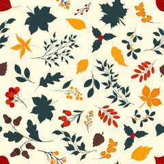 Autumn seamless pattern with different leaves and plants, seasonal colors	