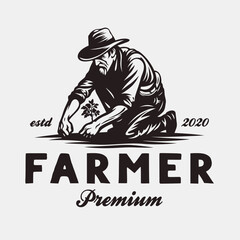 Fototapeta premium Old Farmer on his knee and planting tree vintage design