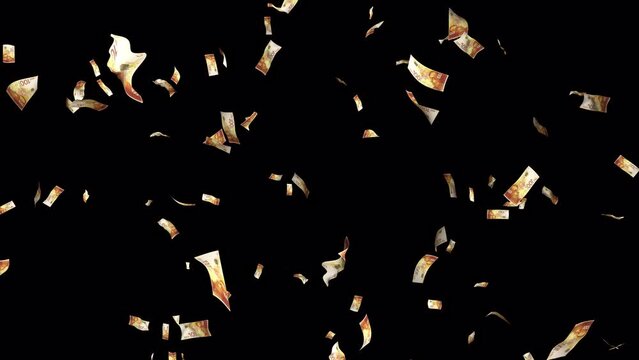 100 Shekel money transition. Many banknotes falling on transparent background. Cash rain. Alpha channel.