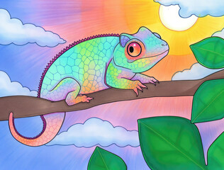 Cute chameleon sitting on the branch