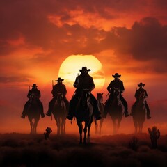 Western horsemen on sunset backgrounds