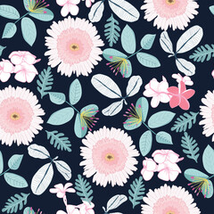 Hand drawn Seamless pattern with flowers and leaves on dark background. Fashion design for textile. - 659015145