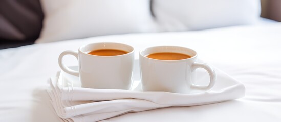 Fototapeta na wymiar Hotel room with twin welcome coffee cup on white bed concept of hospitality and travel