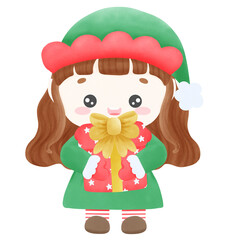 Elf wearing green clothes with gift