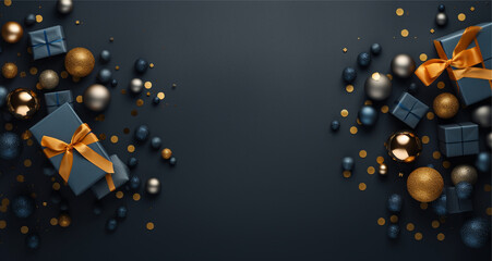 a christmas background with golden and blue gift items on a blue background, christmas background with christmas balls and decoration