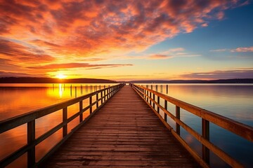 Fototapeta na wymiar sunset-lit pier on Ammersee Lake in Bayern, Germany. Generative AI