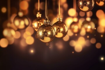 Fototapeta na wymiar Glowing Christmas balls hanging in golden lights. Generative AI