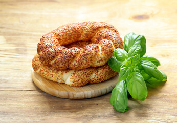 Turkish bagel simit with sesame seeds on the table