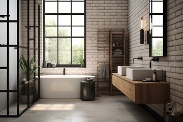 Stylish bathroom featuring white bricks, wooden elements, exposed ductwork, and black metal accents. Generative AI