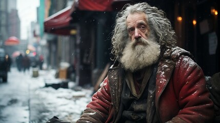 Homeless long bearded man as a Santa Claus sits on snowy street in New York City, social illustration of poverty in big city or in NYC - Powered by Adobe