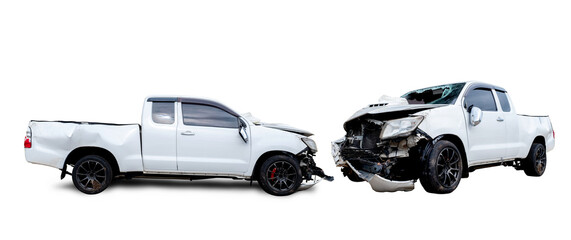 Set of PNG format Side view of white pickup car get hard damaged by accident on the road. damaged...