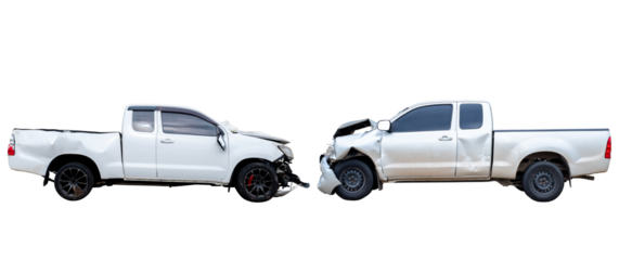 Set of Side view of white pickup car get hard damaged by accident on the road. damaged cars after collision. isolated on white background with clipping path