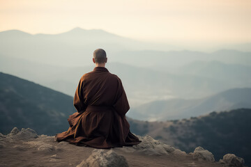 Buddhist monk in meditation on a beautiful sunset background on a high mountain