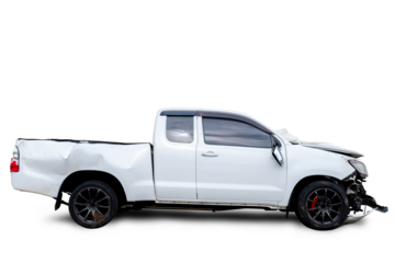 PNG format of Side view of white pickup car get hard damaged by accident on the road. damaged cars after collision. isolated on transparent background, broken car, insurance accident