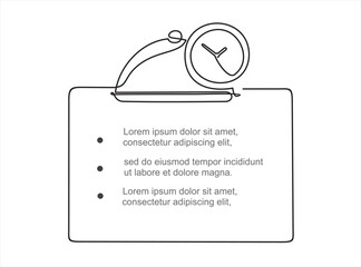 One continuous line drawing.  Clock on a tray. Cooking method and time