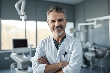 Portrait of middle-aged doctor with beard with operating room in background - obrazy, fototapety, plakaty