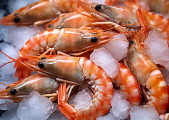 Fresh king prawns shrimps on melted ice in seafood market.Macro.AI generative