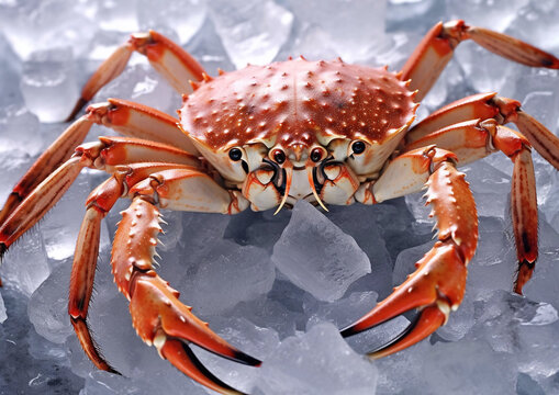 Fresh large raw crab on melted ice in seafood market.Macro.AI generative