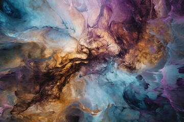 Abstract painting with swirling purple and blue colors, enhanced by golden powder. Generative AI