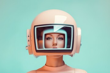 Surrealistic portrait of a girl with a futuristic helmet in the shape of a retro TV set on a blue pastel background.
