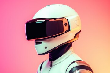 Futuristic portrait of a man in a white leather suit with a futuristic helmet.