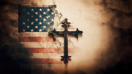 American flag with cross on grunge background. Christian religion concept. - obrazy, fototapety, plakaty