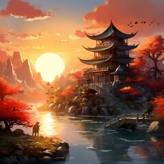 Fototapeta premium Digital painting fantasy painting of a Chinese house at sunset, digital illustration, illustration painting