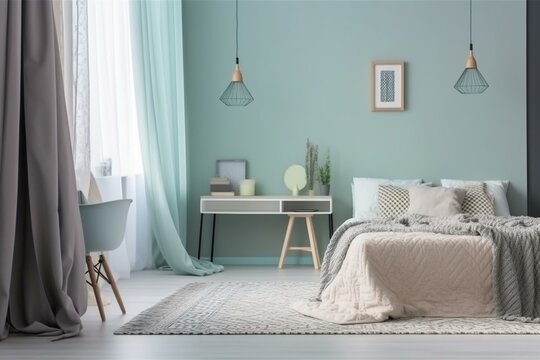 Contemporary bedside table and bed with embroidered pillowcase under sunlight, turquoise curtain drapes, pastel green wall, gray carpet bedroom decor. Generative AI