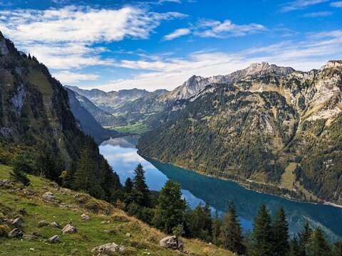 Kl&ouml;ntalersee in the Glarus mountains. Beautiful blue mountain lake near Netstal. Autumn mood in the Alps. . High quality photo. Gl&auml;rnisch