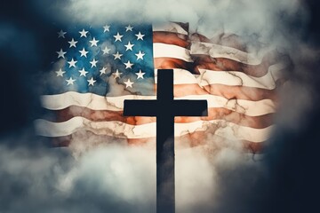 Cross with the flag of the United States of America in the smoke - obrazy, fototapety, plakaty