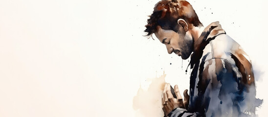 Fototapeta na wymiar Watercolor artwork of a man praying with copy space