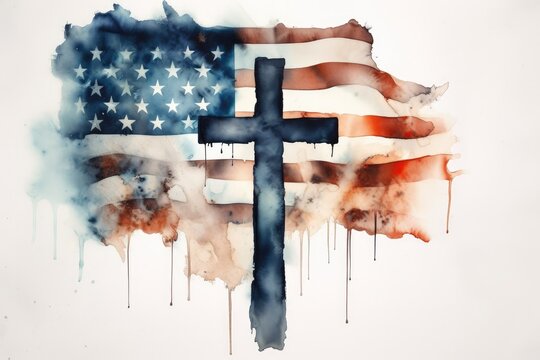 Cross over American flag painted with ink on white background. Christian religion concept.
